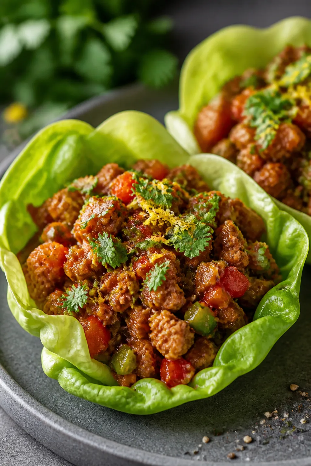 Final plated, close-up hero: Lettuce cup presentation with butter lettuce leaves filled generously w