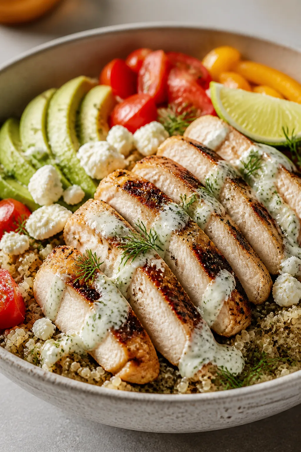 Final plated detail: Close-up of a finished bowl focusing on sliced chicken fanned over quinoa, ranc