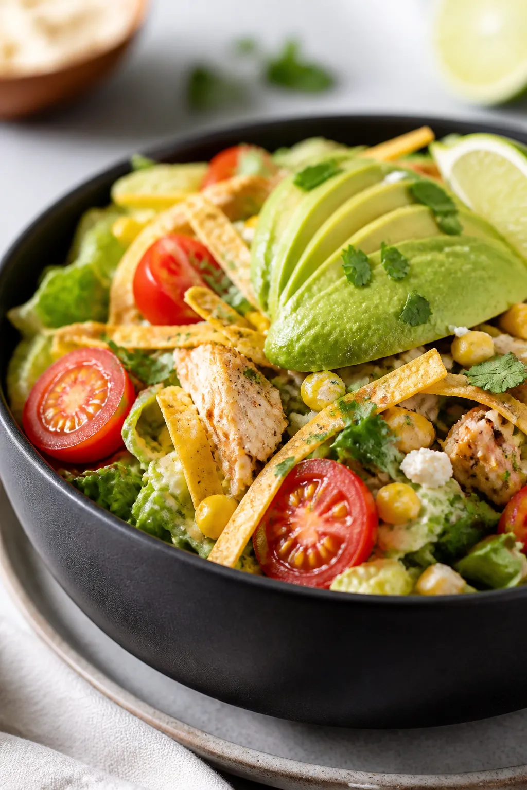 Final plated detail: Restaurant-quality single serving of the taco salad in a matte charcoal bowl—