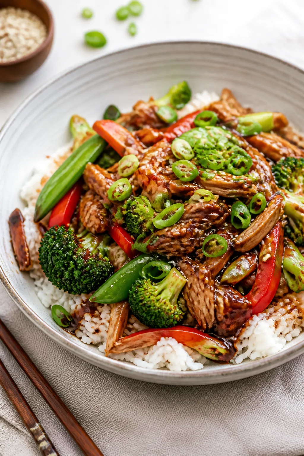Final plated dish — Beautifully composed High Protein Rotisserie Chicken Teriyaki Bowl: fluffy whi