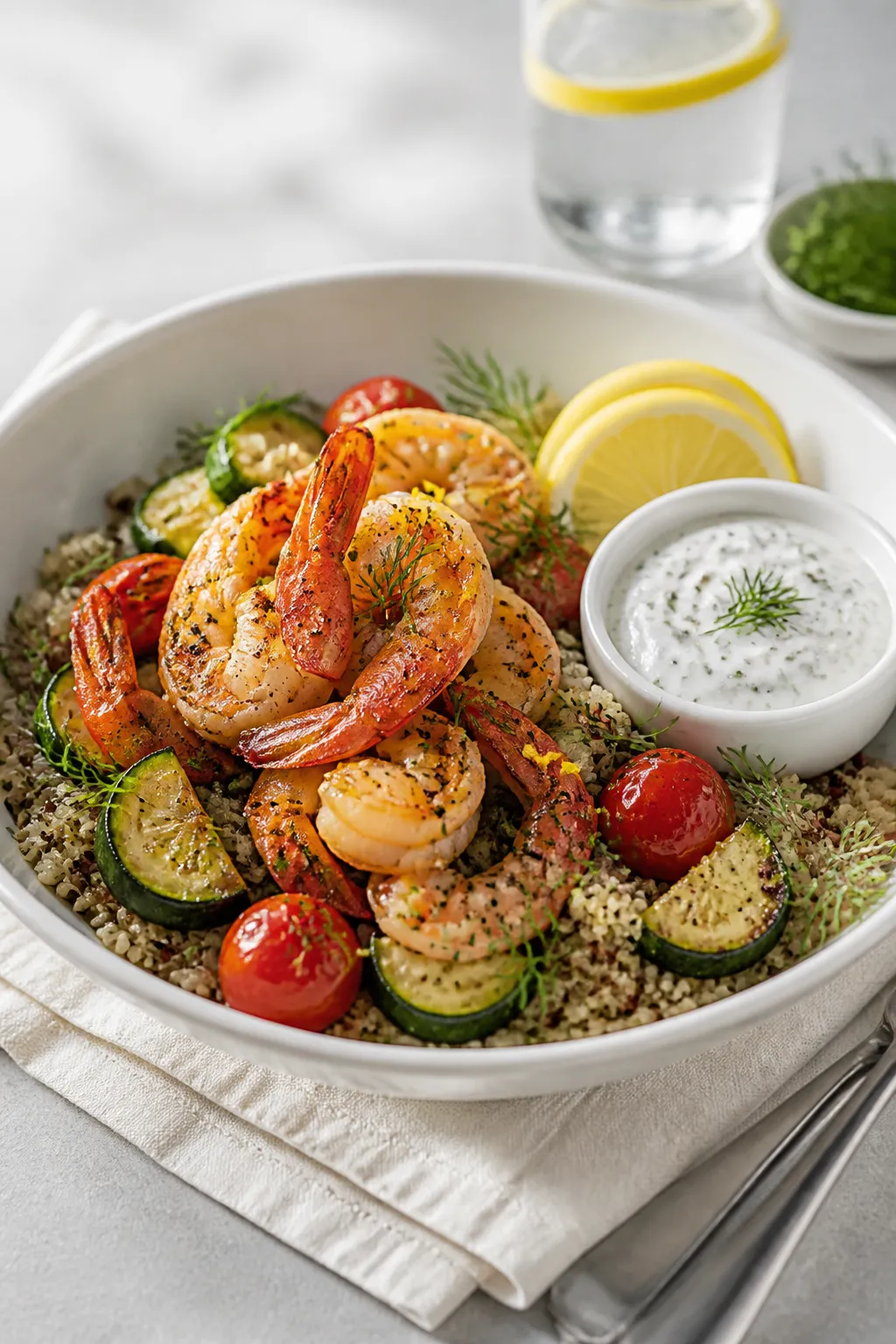 Final plated dish, : Beautifully plated lemon-pepper shrimp bowl on a wide white plate—quinoa base