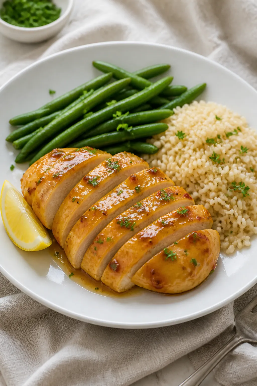Final plated dish: Beautifully plated low calorie honey mustard chicken on a white shallow bowl, sli