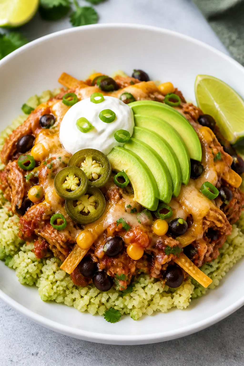 Final plated dish, : Beautifully plated serving of the enchilada skillet spooned over fluffy cilantr