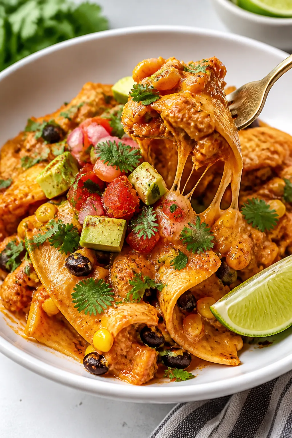 Final plated dish, : Beautifully plated serving of chicken enchilada skillet in a wide, shallow whit
