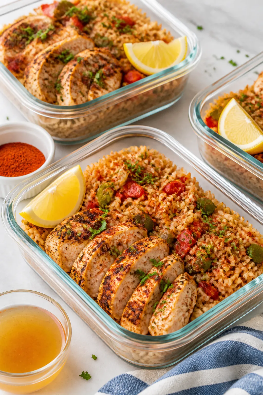 Final plated dish: Beautifully portioned Cajun Chicken & Rice Meal Prep in sleek glass containersâ