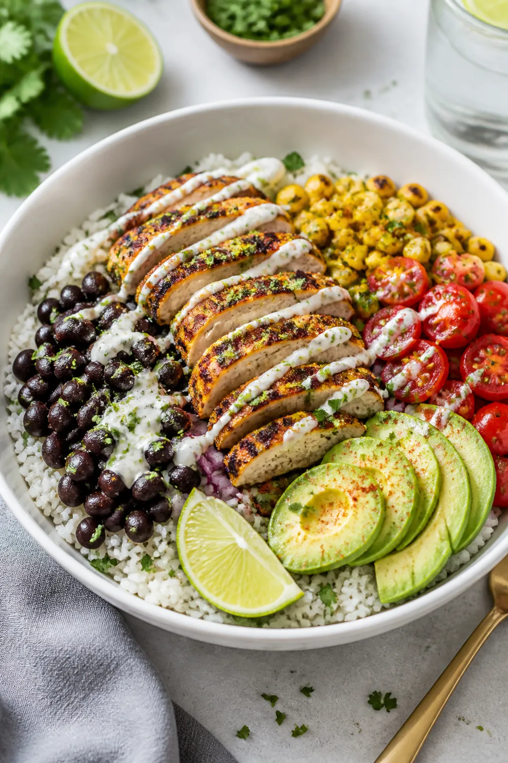 Final plated dish beauty: Restaurant-quality chicken burrito bowl in a wide white bowlâfluffy cila