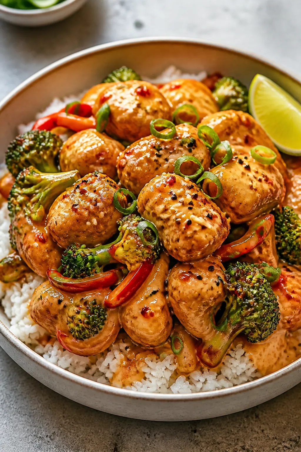 Final plated dish beauty: Restaurant-quality plate of bang bang chicken bowl—mounded rice base top