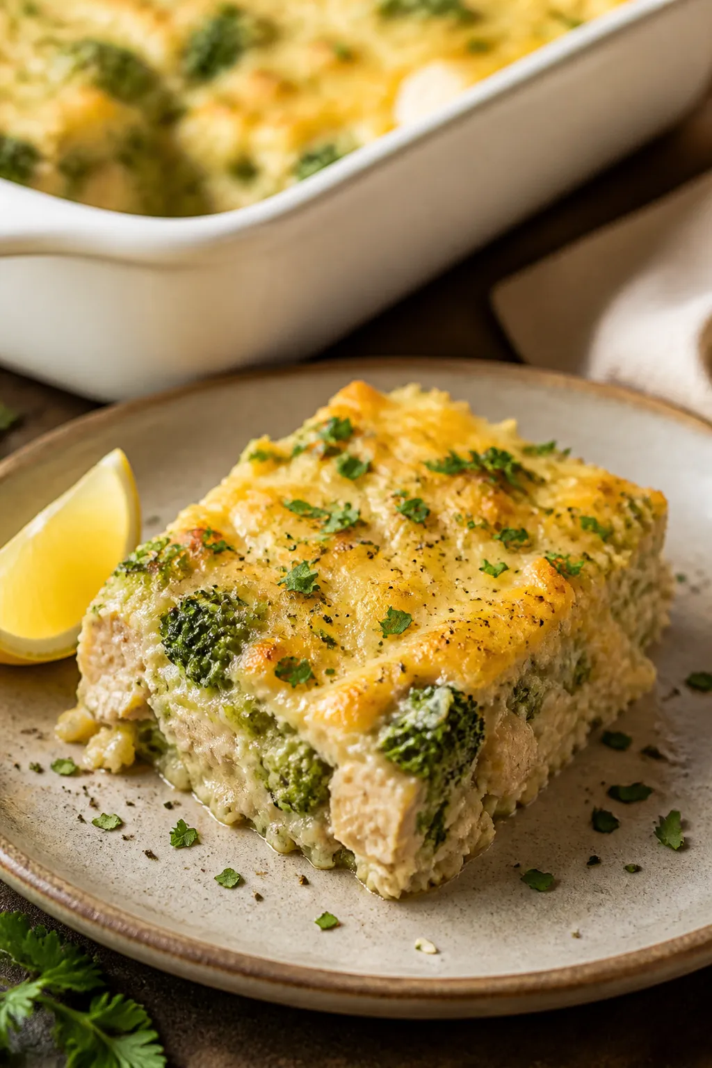 Final plated dish, cozy presentation: A generous square of ground chicken broccoli casserole neatly 