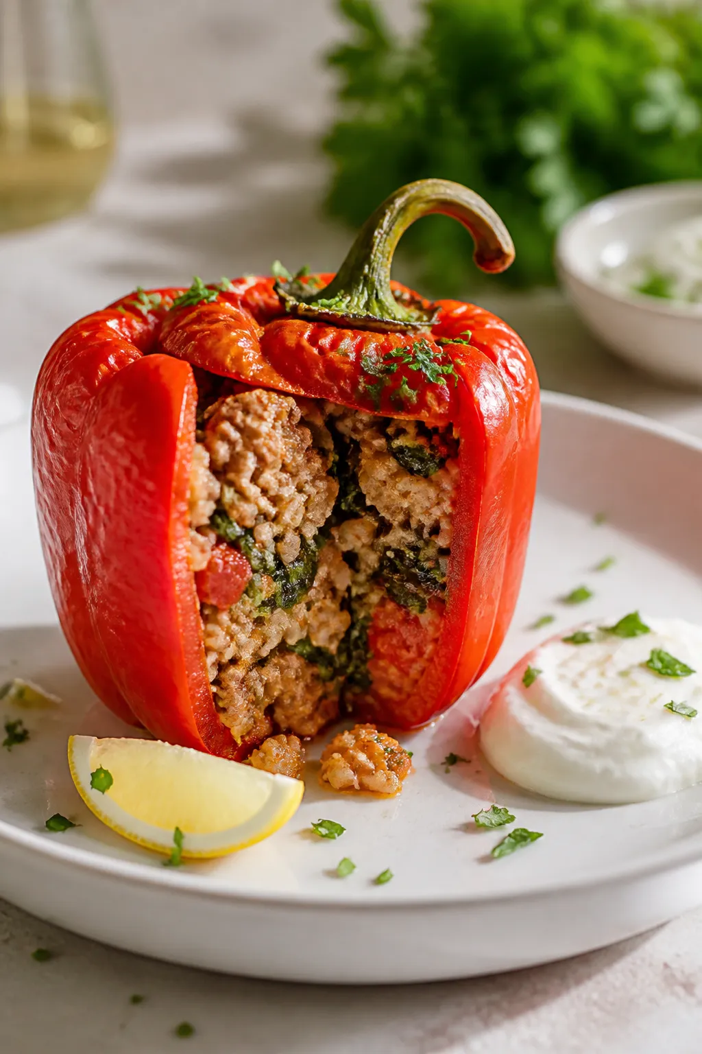 Final plated dish, hero shot: Single turkey stuffed pepper plated upright on a white ceramic plate,