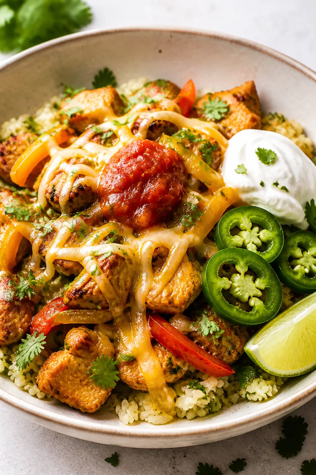 Final plated dish, restaurant-quality: Beautifully plated Chicken Taco Rice Bowl in a shallow cerami