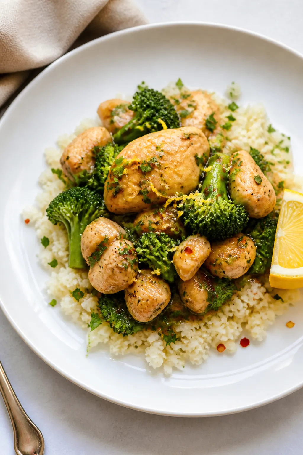 Final plated dish, restaurant-quality: Beautifully plated Low Calorie Chicken & Broccoli Skillet on 