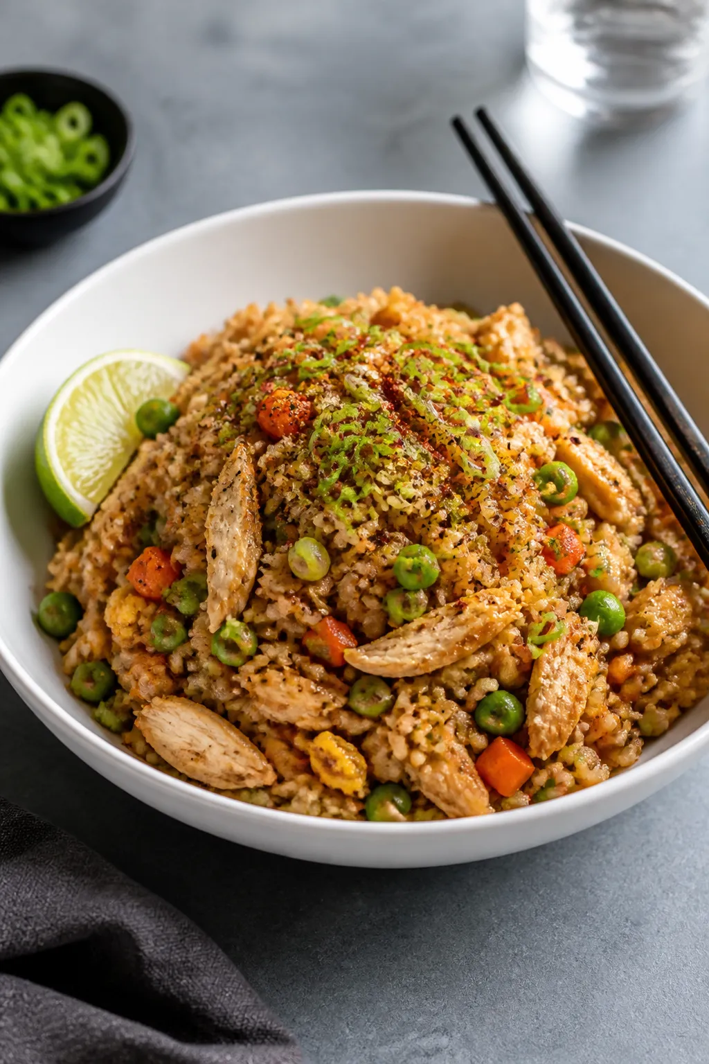 Final plated dish: Restaurant-quality bowl of rotisserie chicken fried rice mounded high in a wide,
