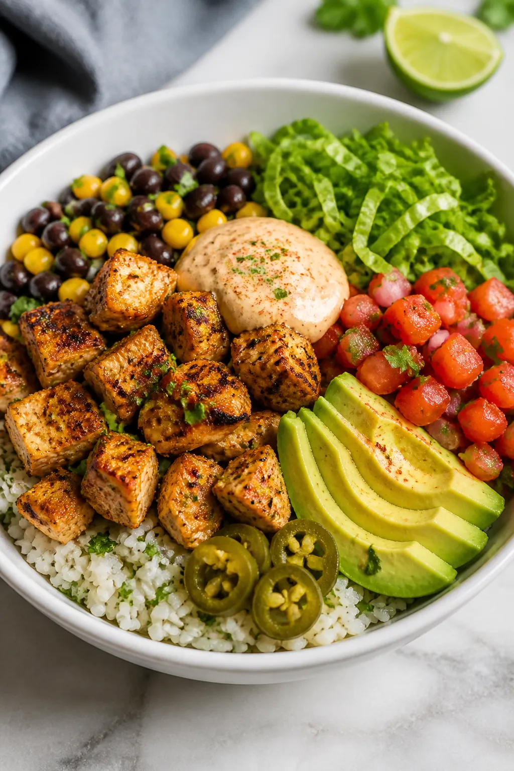 Final plated dish: Restaurant-quality burrito bowl presentation in a wide, shallow white bowl—fluf