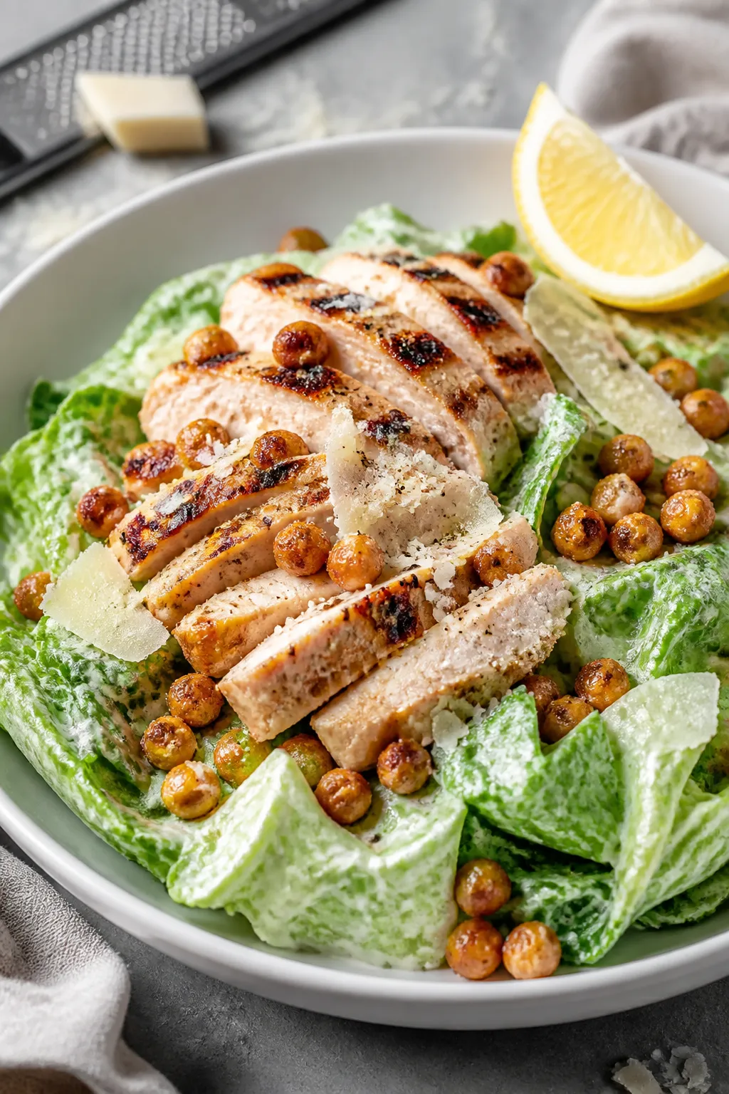 Final plated dish – Restaurant-quality Caesar bowl: Beautifully plated high-protein Chicken Caesar