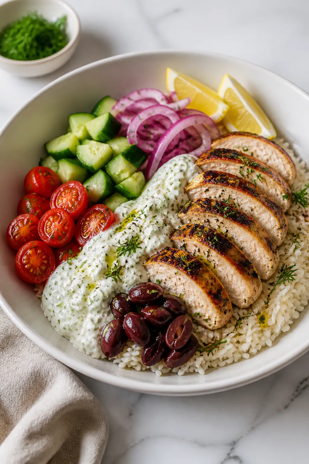Final plated dish: Restaurant-quality Chicken Tzatziki Protein Bowl, beautifully composed in a wide,