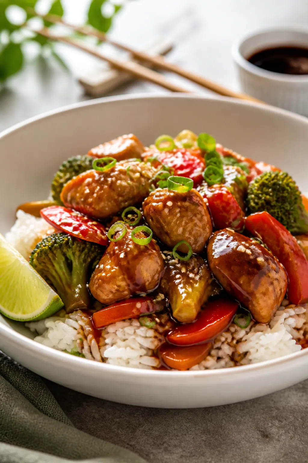 Final plated dish — Restaurant-quality presentation: Beautifully plated Teriyaki Chicken with Rice