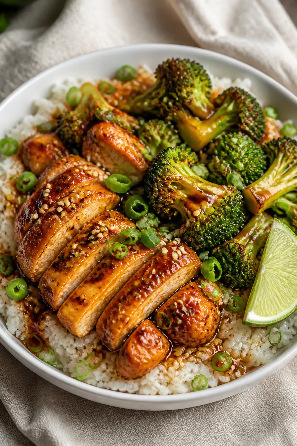 Final plated dish, restaurant-quality presentation: Air Fryer Chicken and Broccoli Meal Prep bowl wi