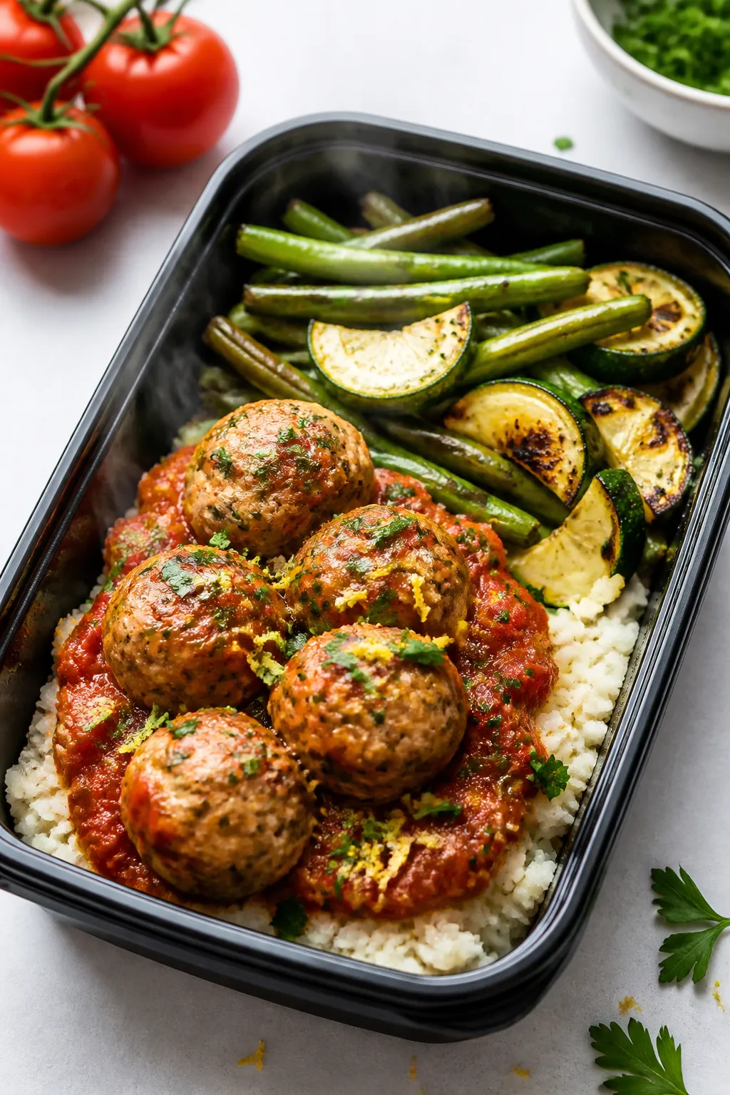 Final plated dish: Restaurant-quality presentation of low calorie turkey meatball meal prep in a mod