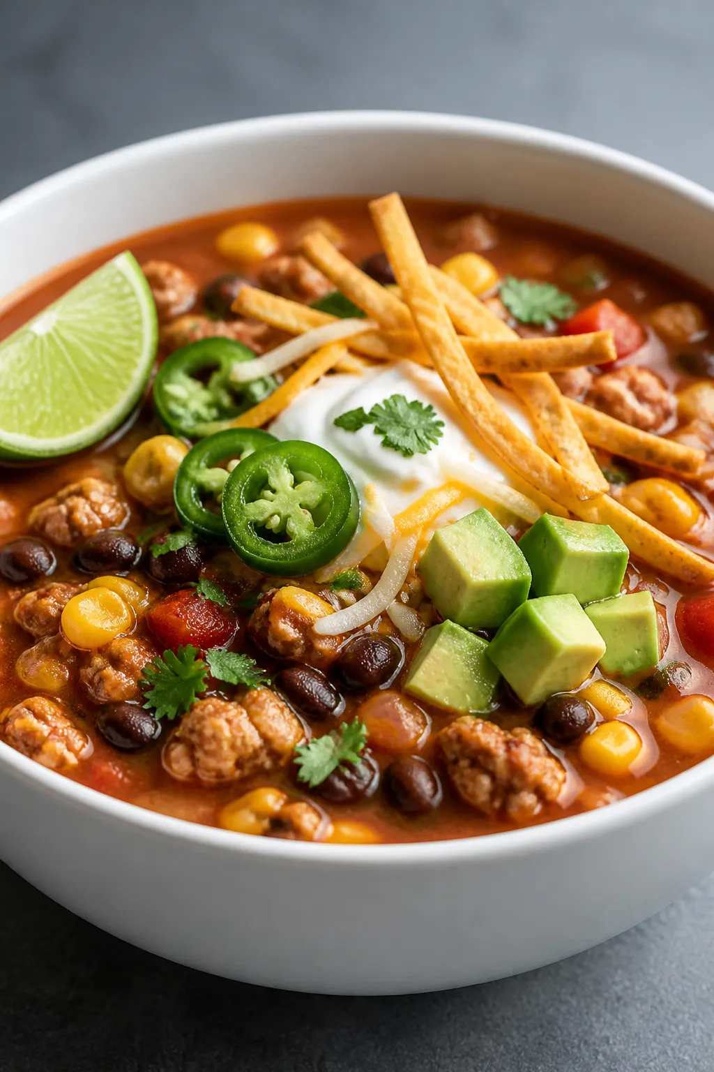 Final plated dish, restaurant-quality presentation: A generous bowl of Turkey Taco Soup ladled into
