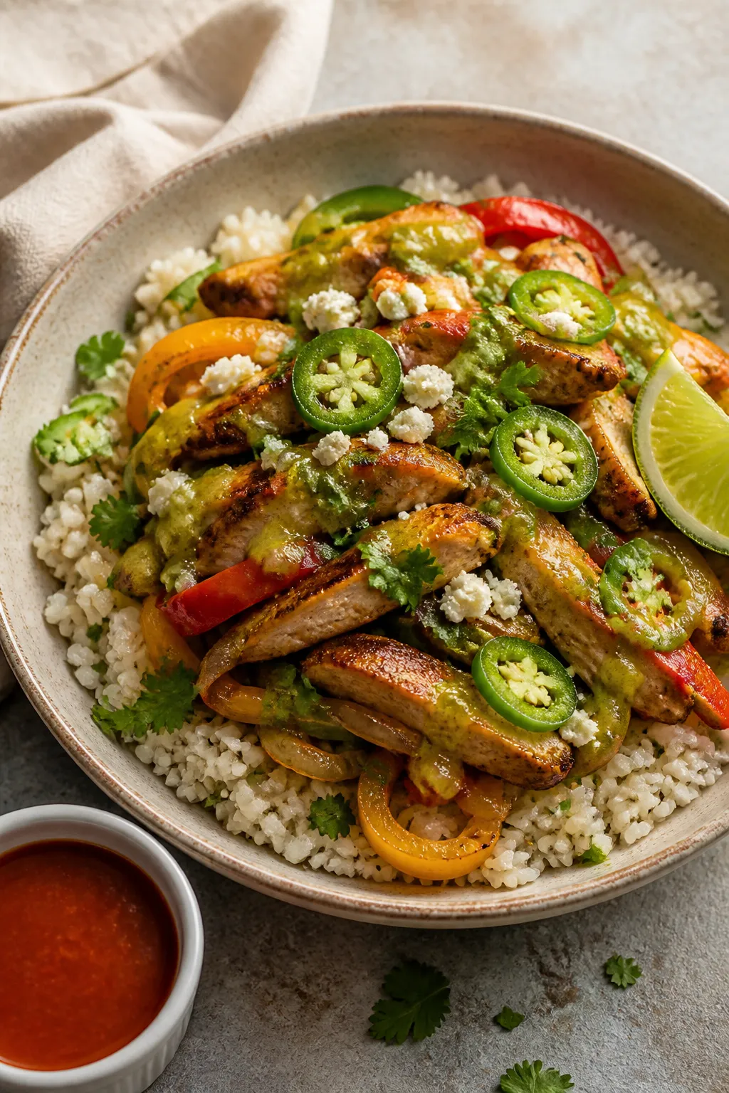 Final plated dish, restaurant-quality presentation: Beautifully plated Chicken Fajita Bowl in a wide