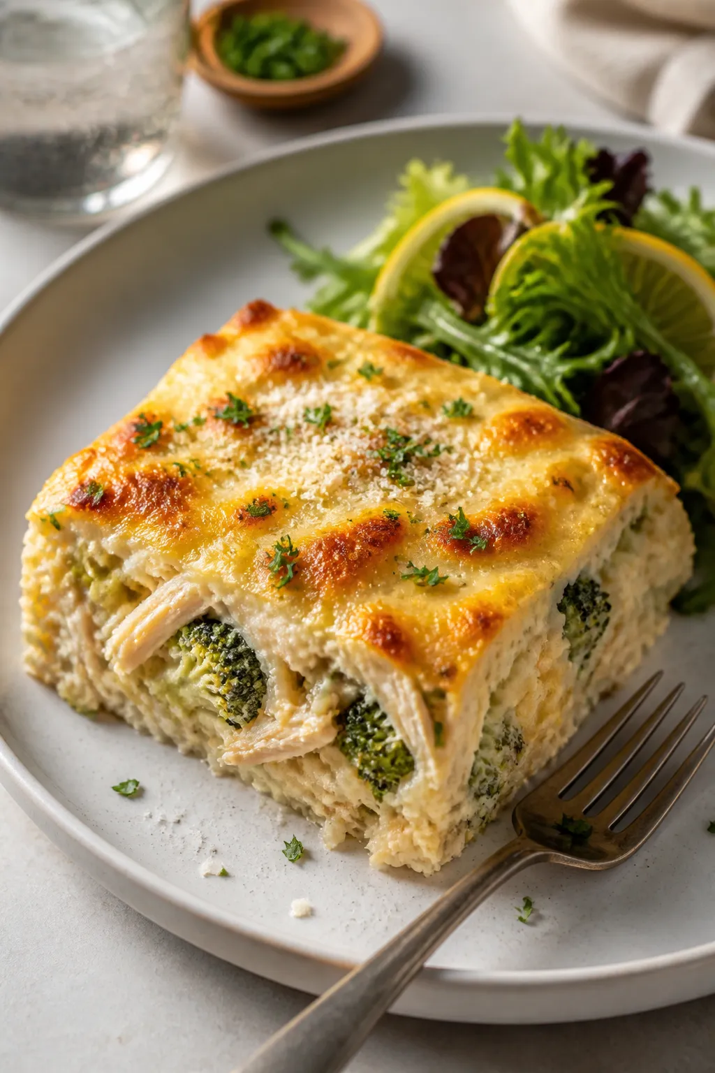 Final plated dish, restaurant-quality presentation: A generous square of the chicken-broccoli bake s