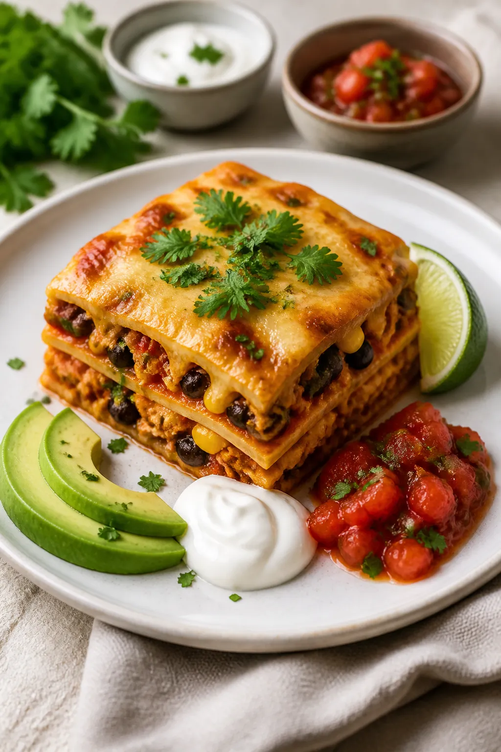 Final plated dish: Restaurant-quality presentation of a neat square of the taco bake served on a mat