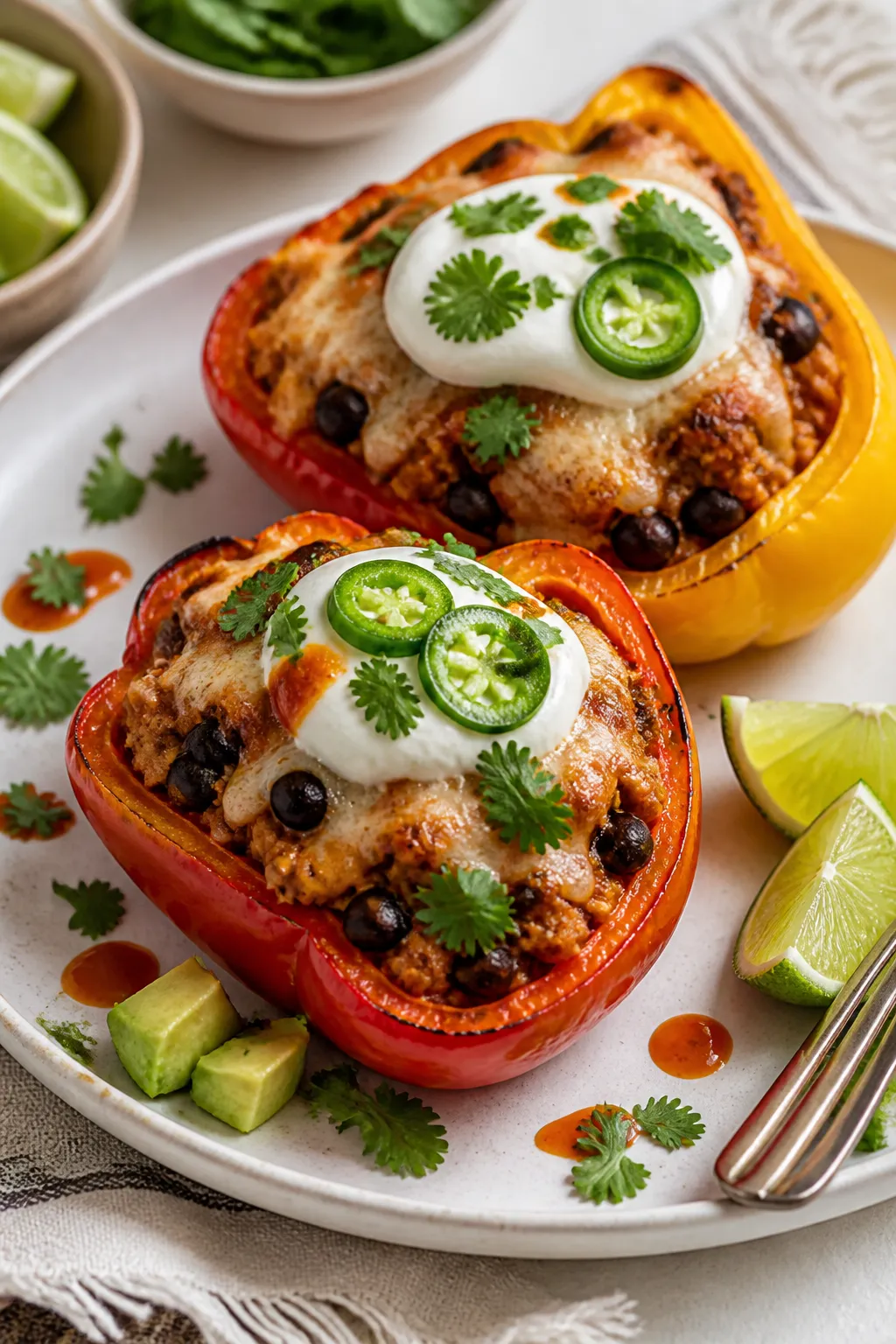 Final plated dish: Restaurant-quality presentation of two Ground Chicken Taco Stuffed Pepper halves