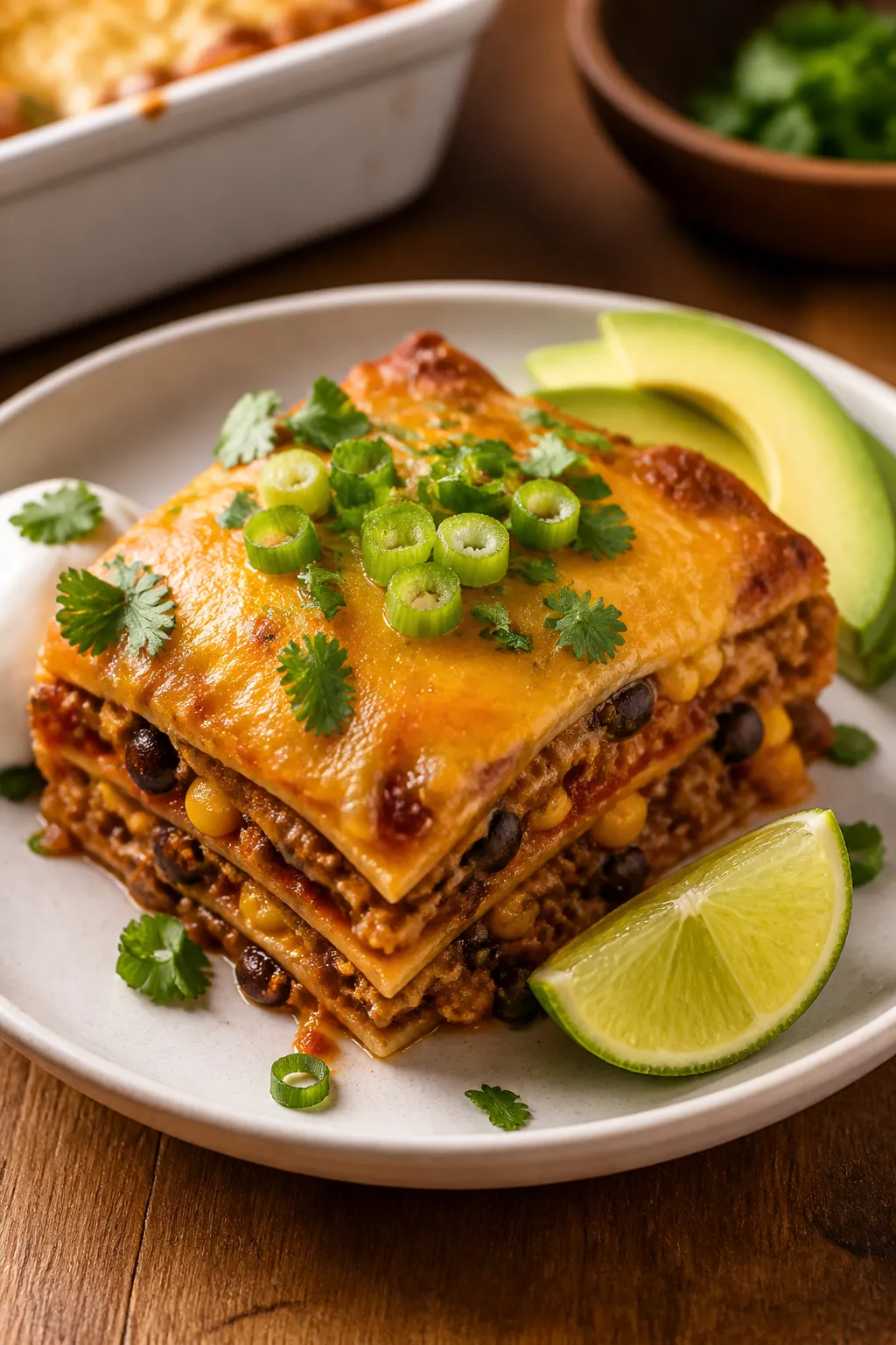 Final plated dish, restaurant-quality presentation: A golden, bubbly Ground Chicken Taco Casserole s