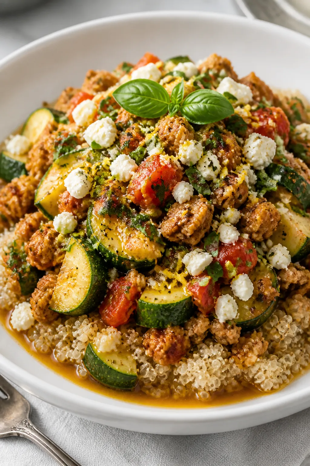 Final plated dish, restaurant style: Beautifully plated Ground Chicken Zucchini Skillet over fluffy 