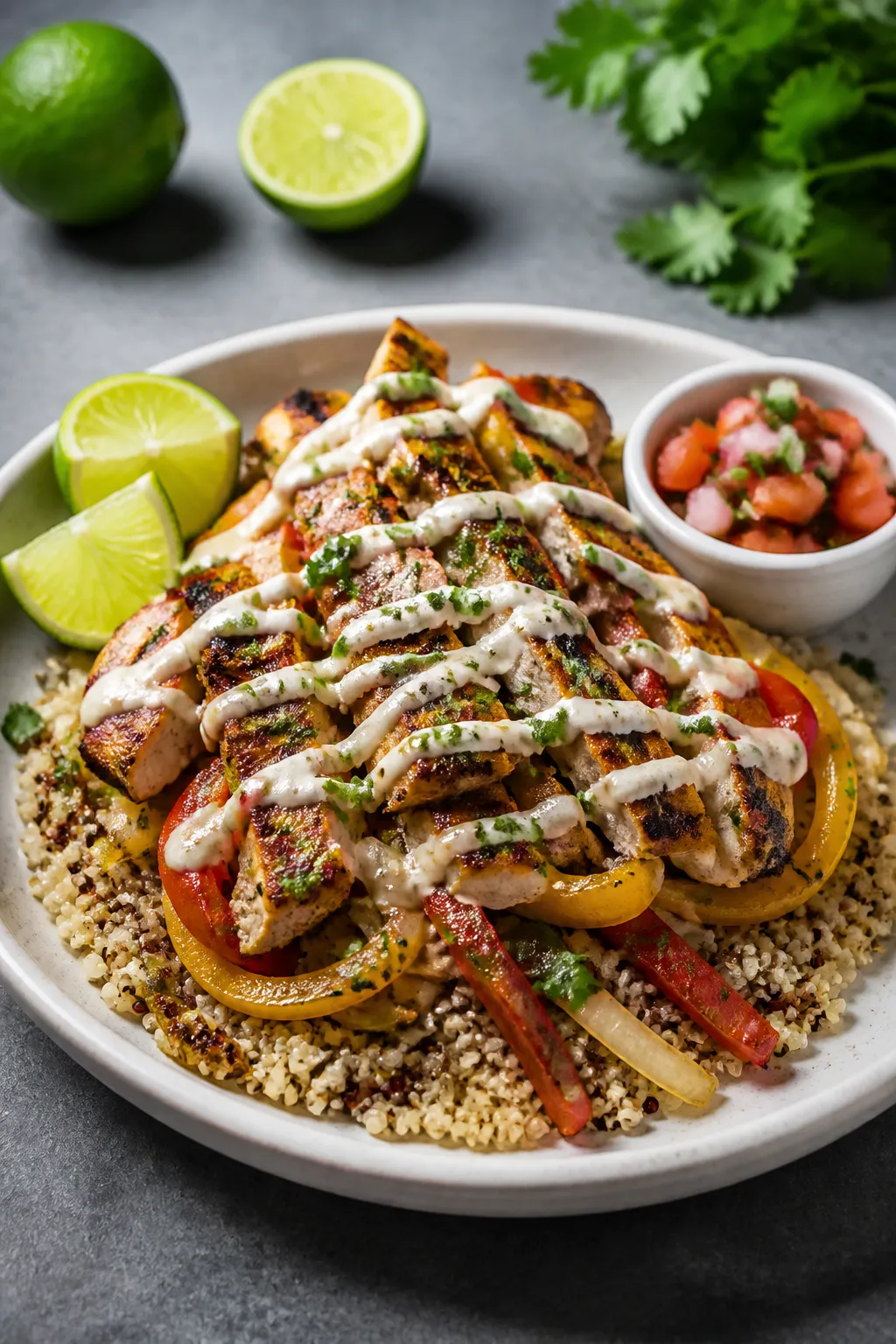Final plated hero: Beautifully plated Chicken Fajita Bowl on a matte white shallow bowl, artfully ar