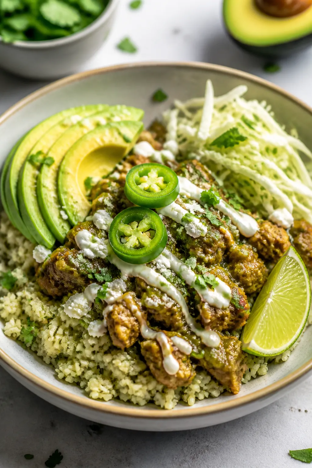 Final plated hero: Beautifully plated Ground Chicken Salsa Verde Bowl in a wide shallow ceramic bowl