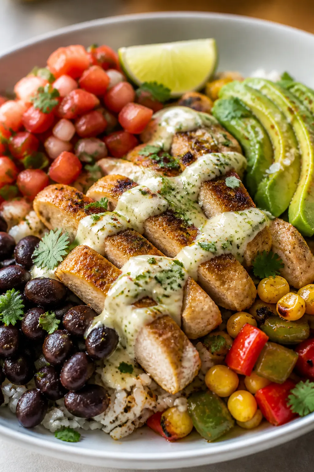 Final plated hero — Close-up detail of finished Skinny Chicken Burrito Bowl: Tight, three-quarter 