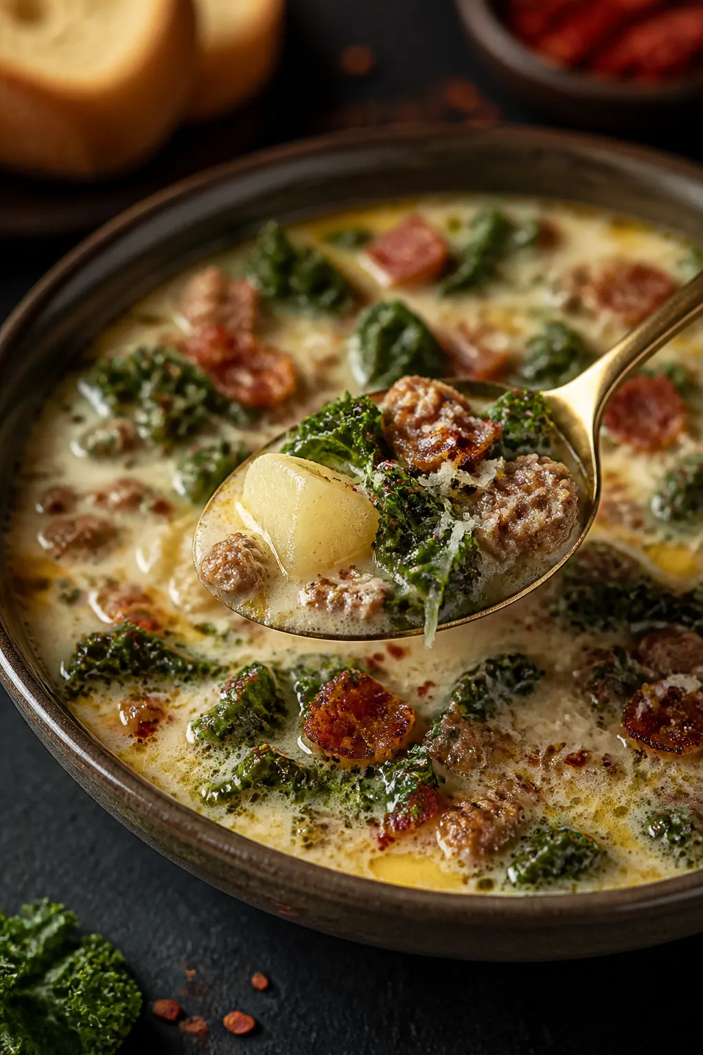 Final plated hero, moody close-up: Restaurant-quality presentation of Zuppa Toscana ladled into a sh