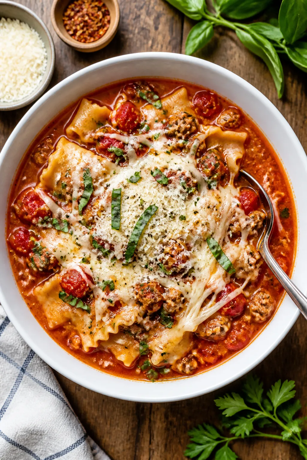 Final plated hero: Restaurant-quality bowl of High Protein Lasagna Soup, top-down. Al dente lasagna