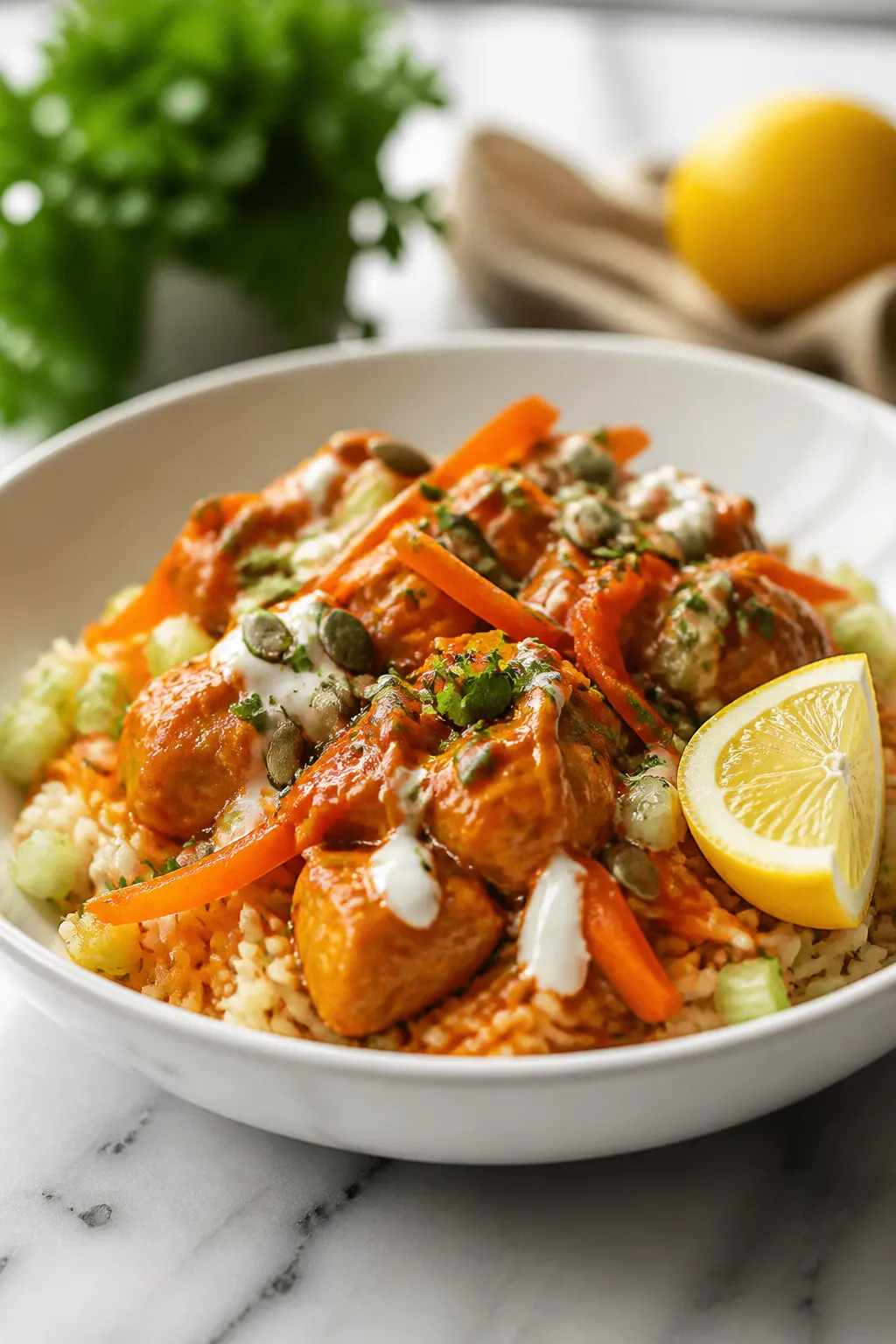 Final plated hero: Restaurant-quality buffalo chicken rice bowl presented on a wide, shallow white p