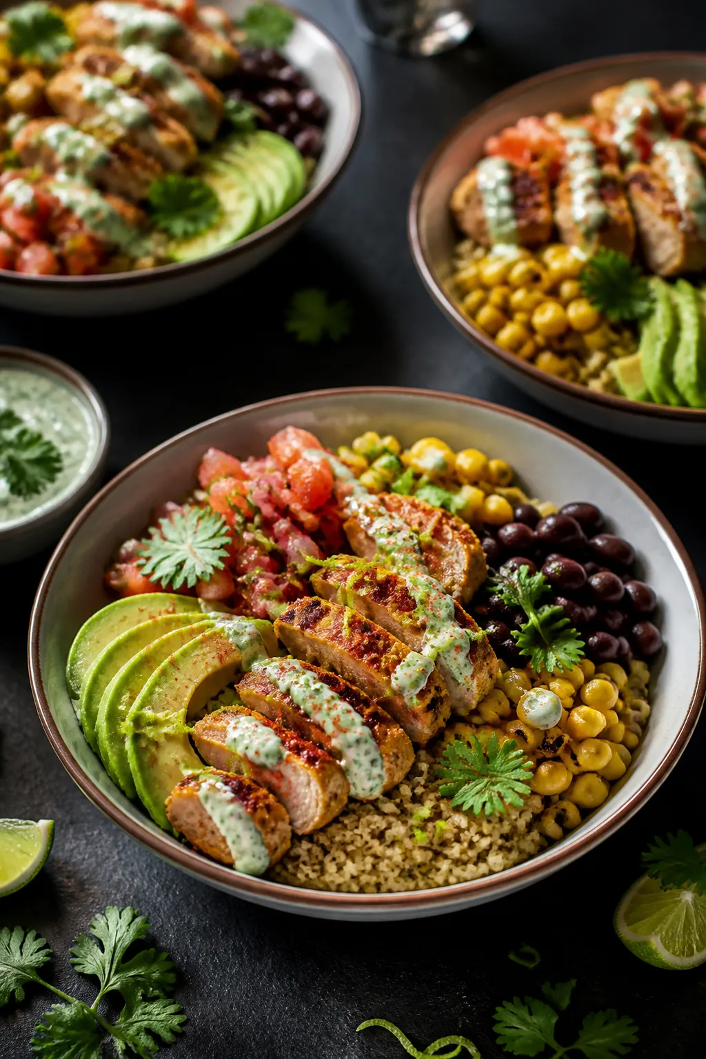 Final plated hero — Restaurant-quality presentation: Three neatly composed chicken burrito bowls o