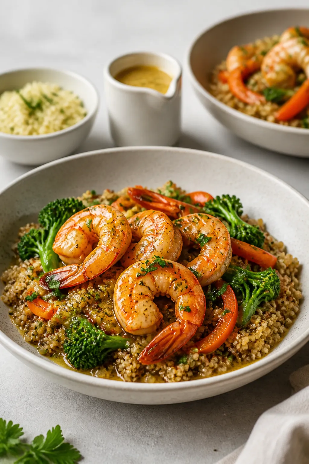 Final plated hero: Restaurant-quality presentation of garlic butter shrimp over quinoa in a wide, sh