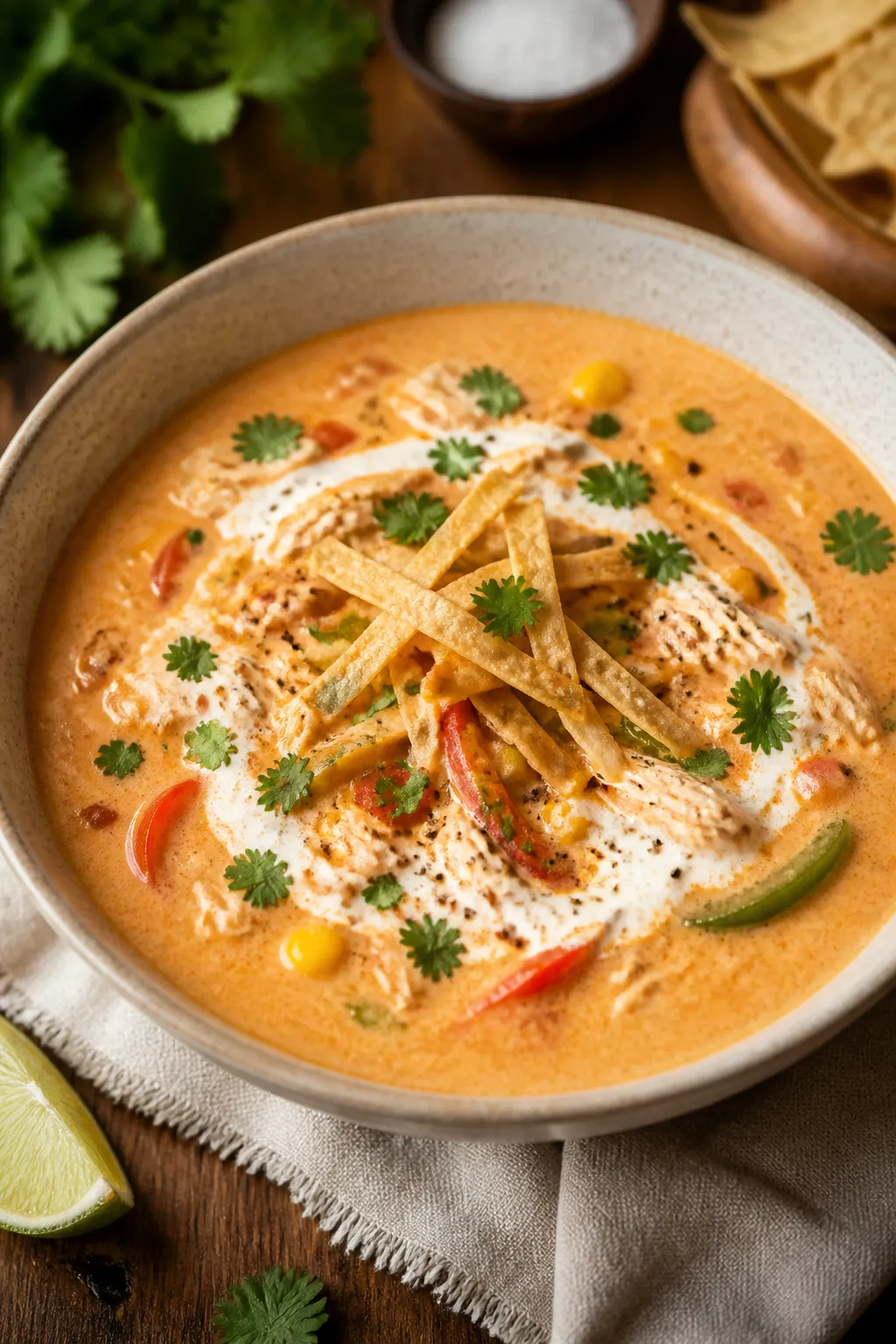 Final plated hero: Restaurant-quality presentation of creamy chicken fajita soup in a shallow stonew