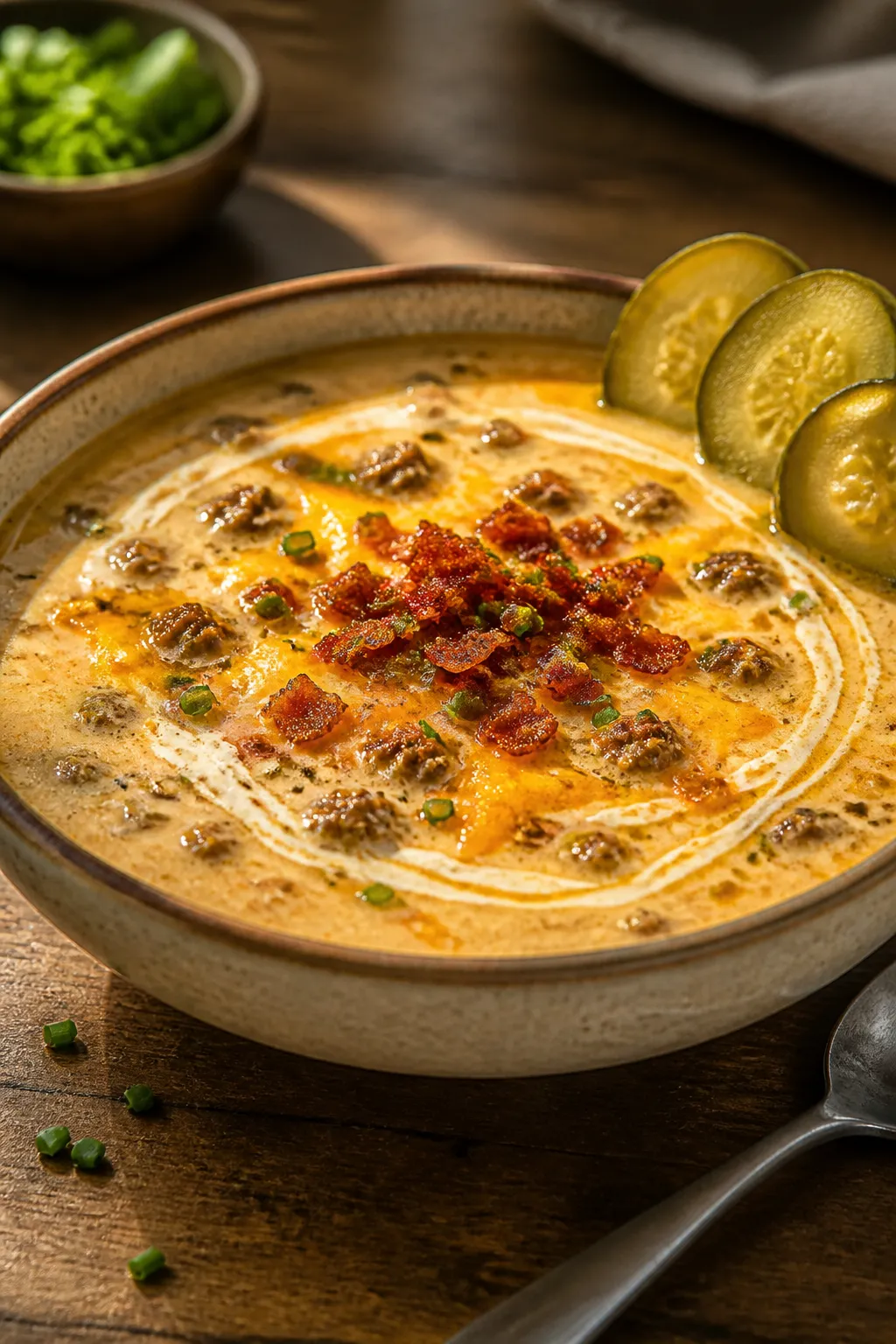 Final plated hero: Restaurant-quality presentation of Keto Bacon Cheeseburger Soup in a low, wide ce