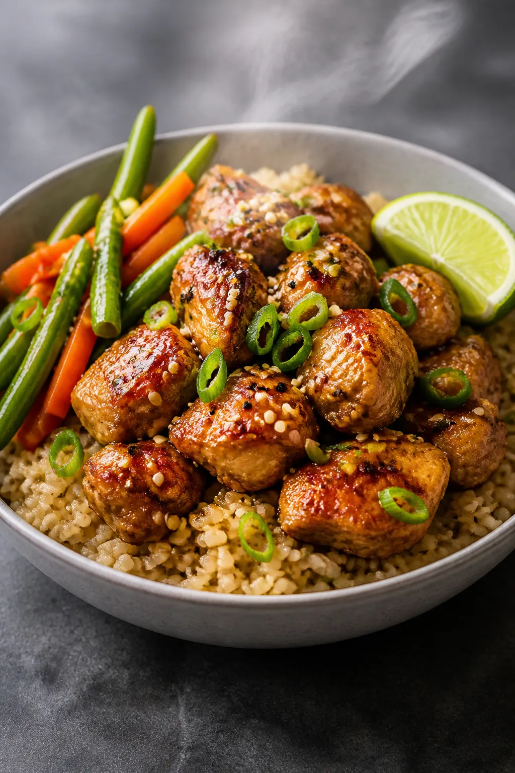 Final plated hero: Restaurant-quality presentation of the bowl with a low, three-quarter angle—plu