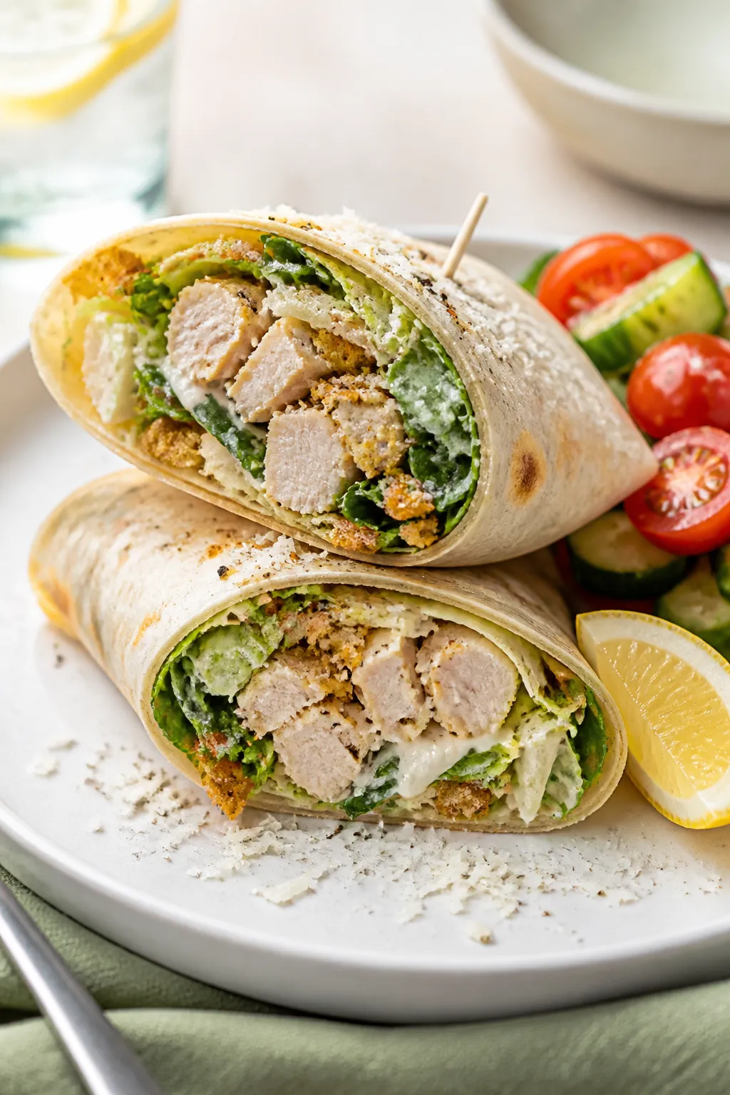 Final plated hero shot: Two finished Rotisserie Chicken Caesar Wrap halves sliced on the bias and st
