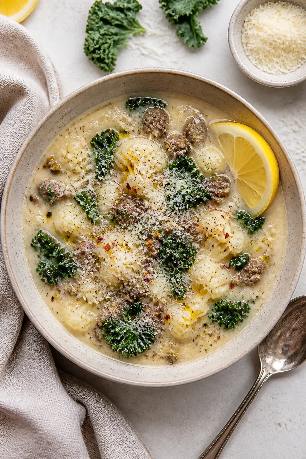 Final plated overhead: Restaurant-quality bowl of Keto Zuppa Toscana, ; creamy broth with visible ca