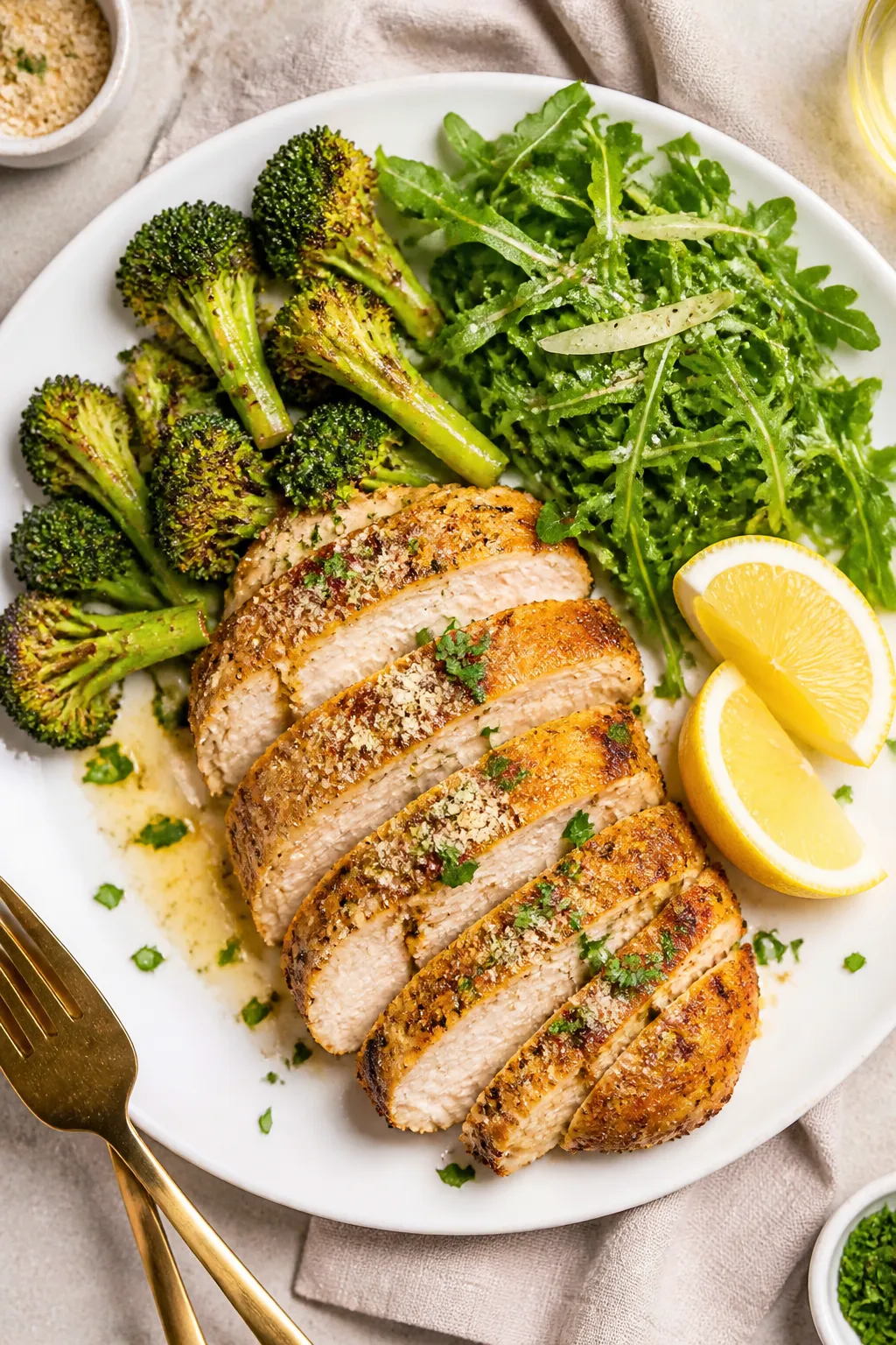Final plated overhead: Tasty top view of sliced High Protein Garlic Parmesan Chicken fanned on a whi
