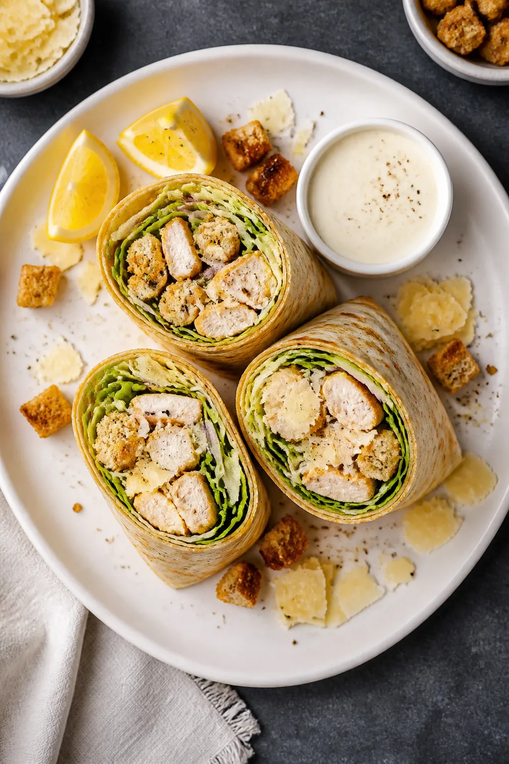 Final plated, overhead: Two finished rotisserie chicken Caesar wraps, tightly rolled and halved, arr
