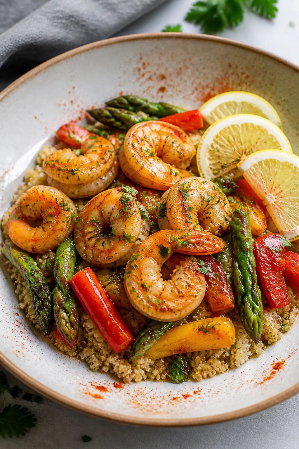 Final plated presentation, : Beautifully plated Lemon Garlic Shrimp over warm quinoa in a shallow ce