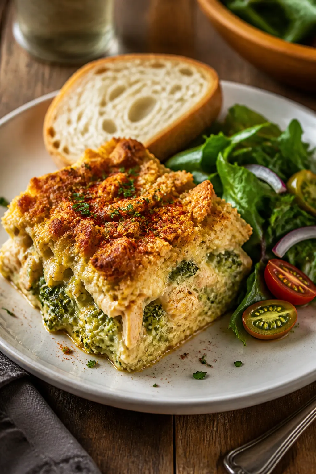 Final plated presentation, cozy weeknight feel: Beautifully plated square of Rotisserie Chicken Broc