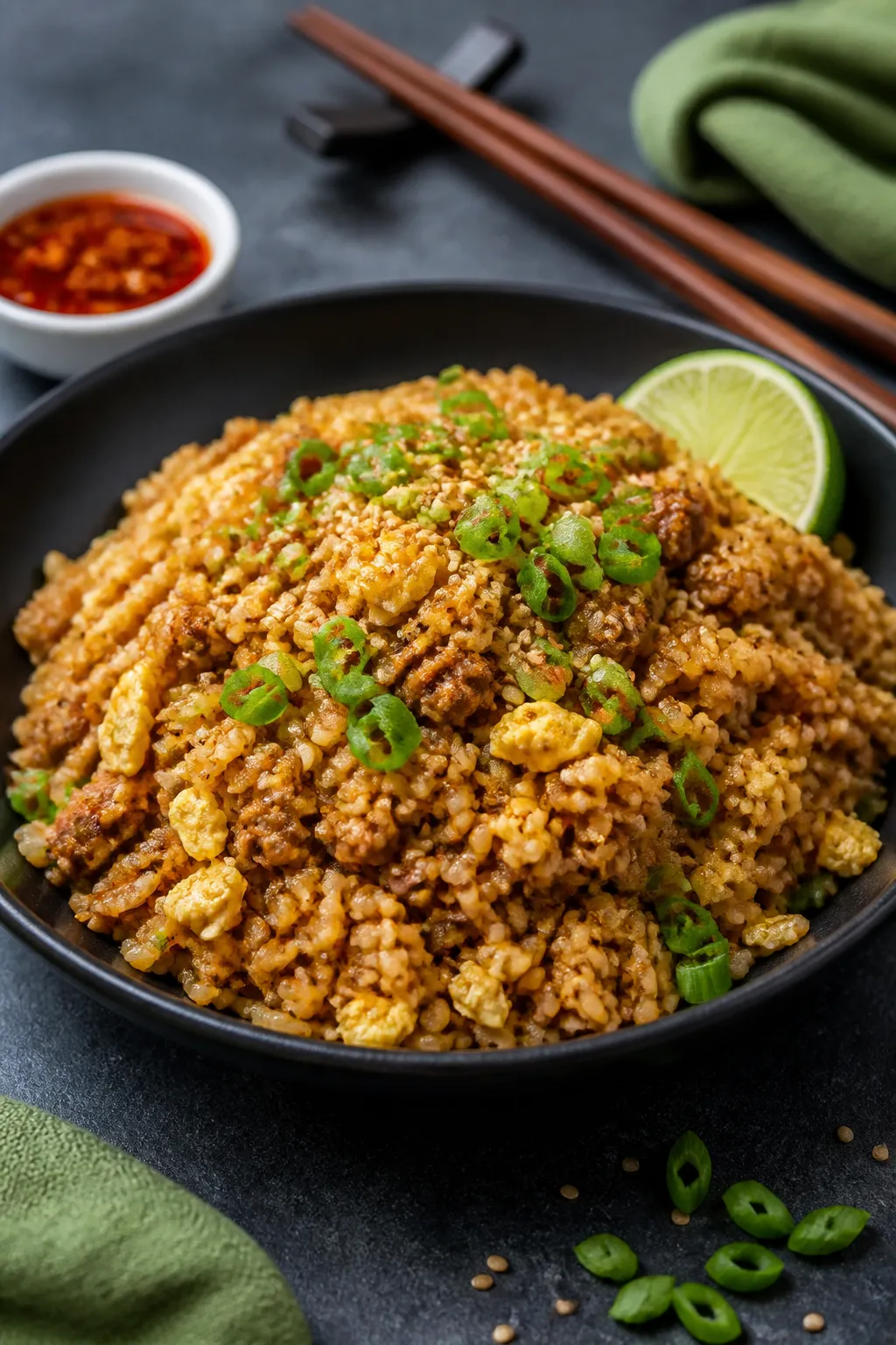 Final plated presentation: Restaurant-quality bowl of ground chicken fried rice mounded high on a ma