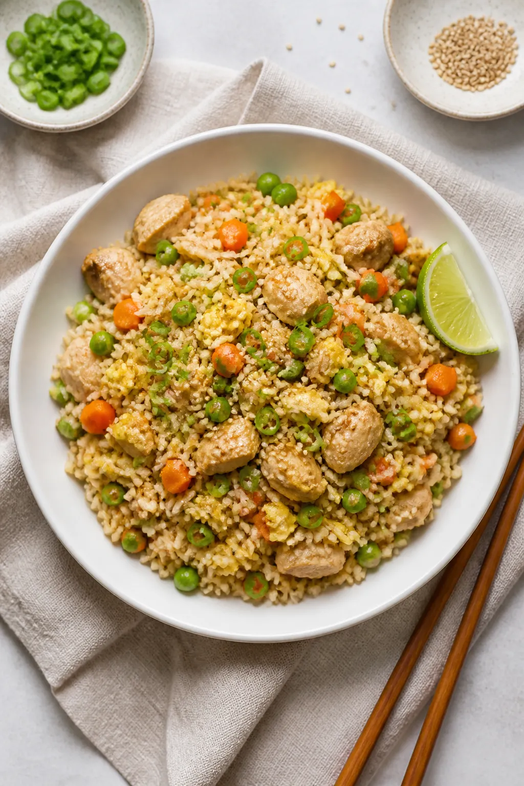 Final plated presentation: Restaurant-quality bowl of Low Calorie Chicken Fried Rice plated in a wid