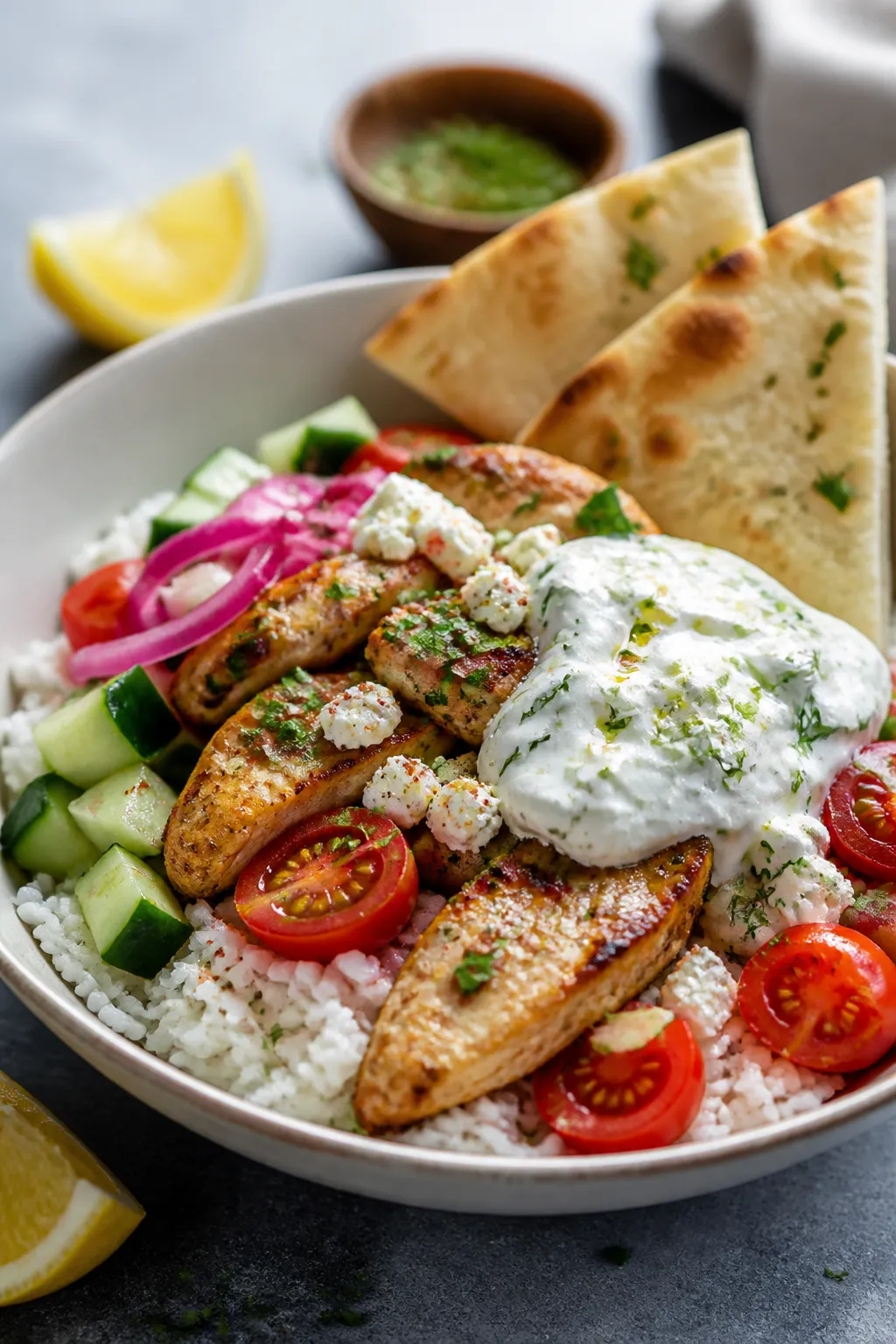 Final plated restaurant-quality bowl: Beautifully composed Chicken Gyro Bowl in a wide, shallow cera