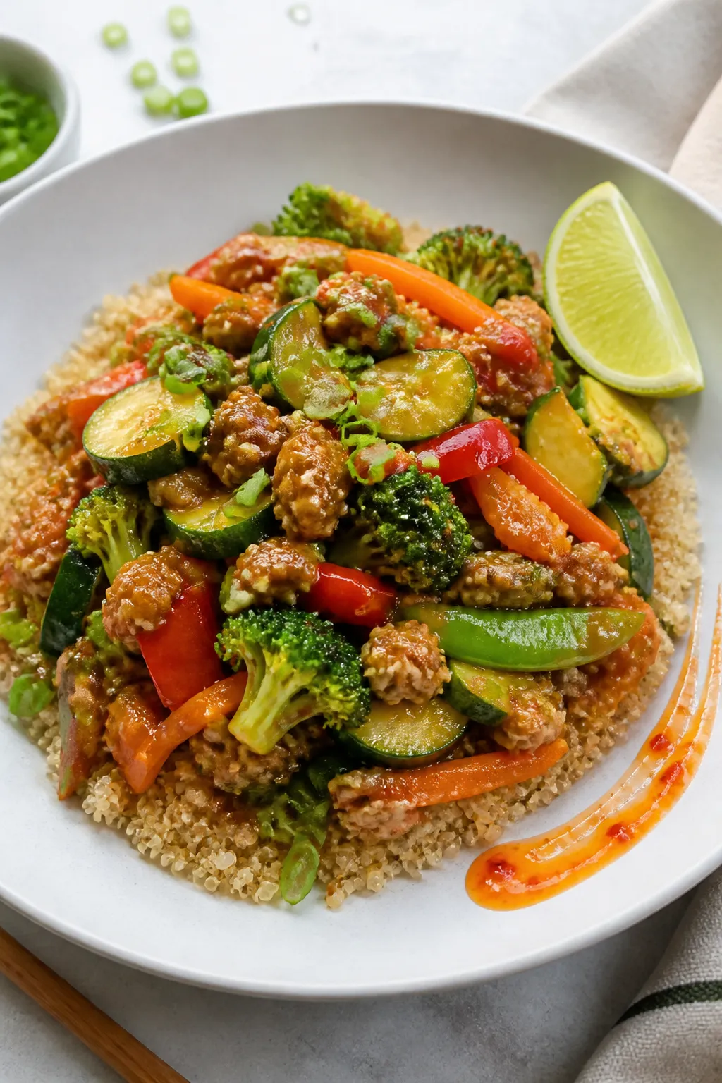 Final plated, restaurant-quality presentation: Beautifully plated ground turkey stir fry over quinoa